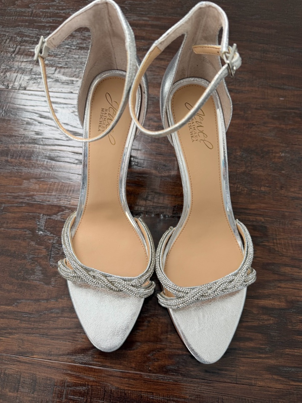 Jewel Badgley Mischka Silver Beaded Ankle-Strap Heels